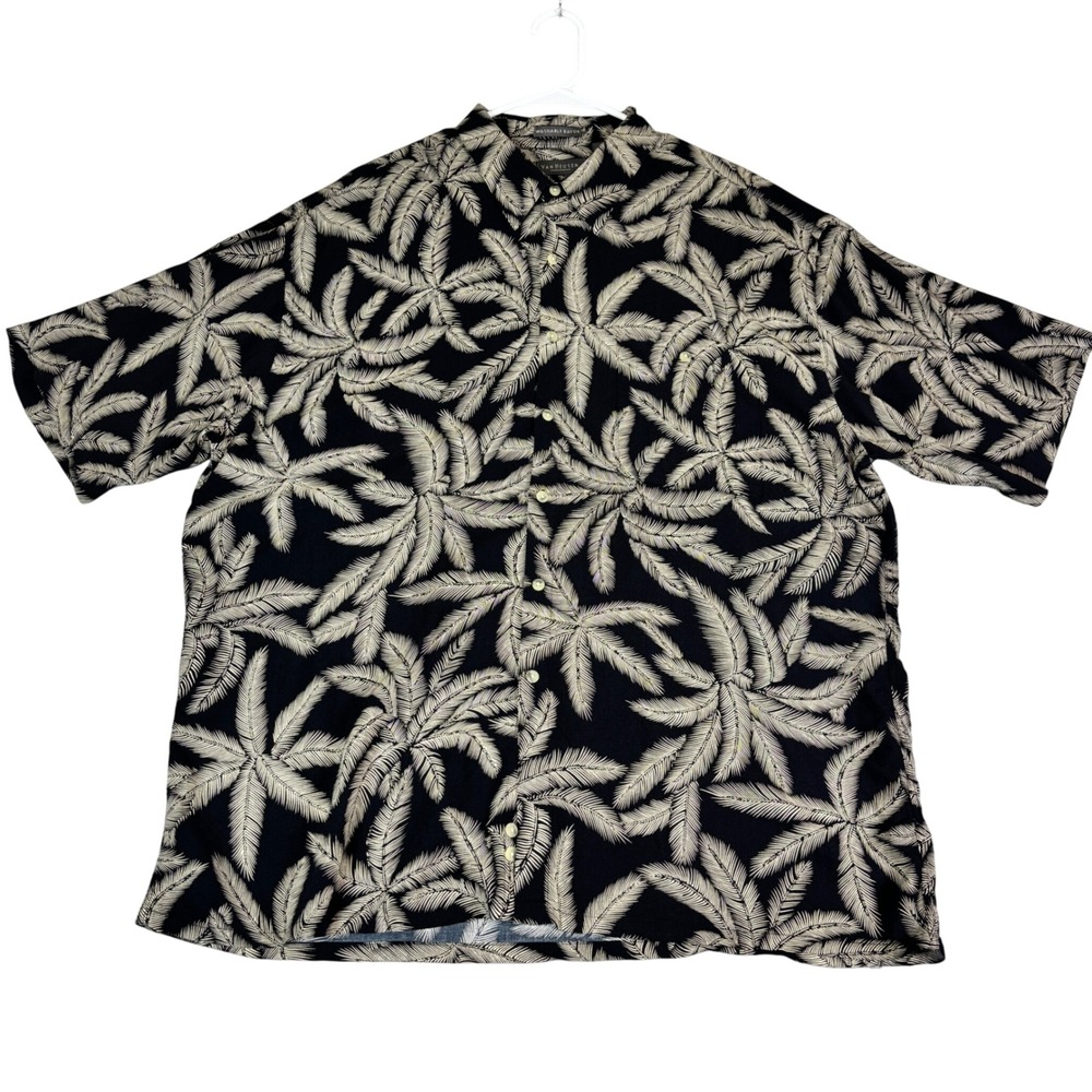 Van Heusen Mens XXL Black Cream Tropical Palm Leaf Washable Rayon Button‎ Shirt